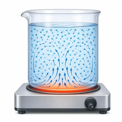 Water in a beaker warming on a hot plate with particles moving faster before boiling.