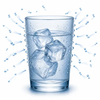 Water vapor particles collect on a cold glass and form liquid droplets.