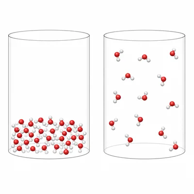 Side-by-side molecular view of liquid water particles close together and water vapor particles far apart.