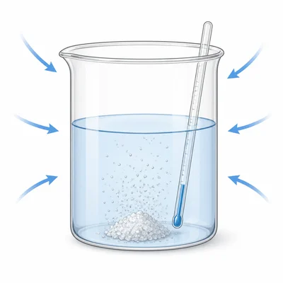 Beaker of dissolving crystals absorbing heat from surroundings with a low thermometer reading.