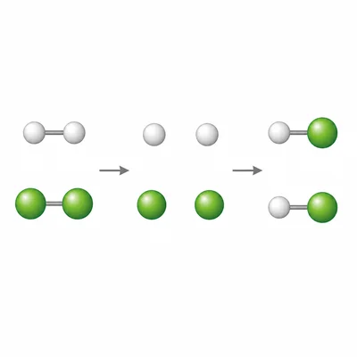 Molecular diagram of diatomic hydrogen and chlorine forming two hydrogen chloride molecules.