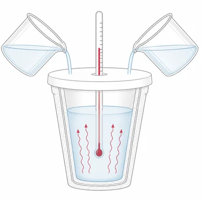 Coffee-cup calorimeter with two solutions mixing and a thermometer showing rising temperature.