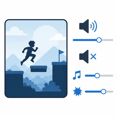 A game screen with visual audio controls for volume, mute, music, and sound effects.