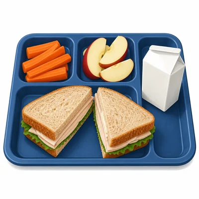 A lunch tray with a turkey sandwich, carrot sticks, apple slices, and milk.