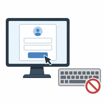 A login form controlled by a mouse while keyboard access is shown as unavailable.