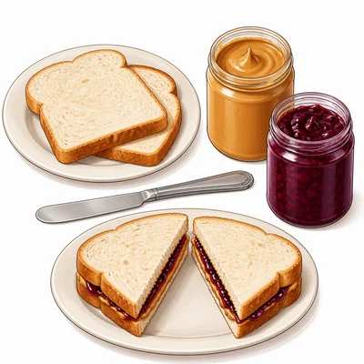 Ingredients and tools for making a peanut butter and jelly sandwich.