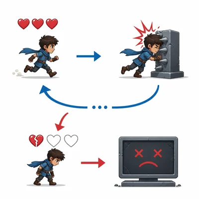 A game character losing lives when hitting obstacles until no lives remain.