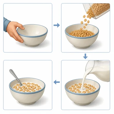 A sequence showing getting a bowl, pouring cereal, adding milk, and eating cereal.