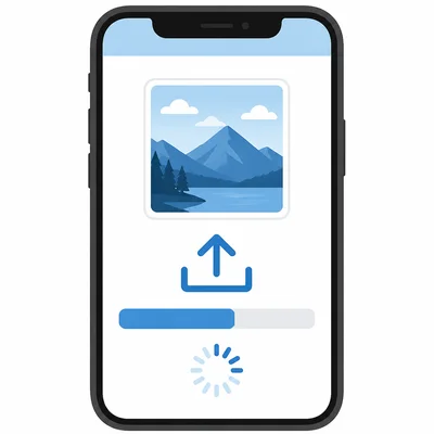 A phone upload screen with a photo thumbnail, progress bar, and loading spinner.