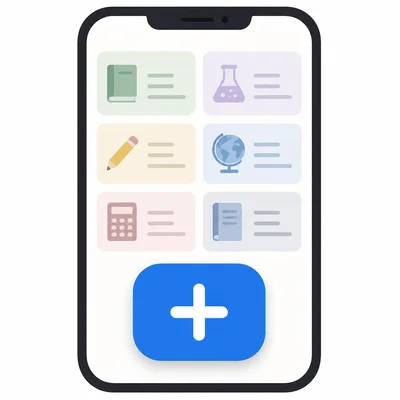 A phone home screen with a large plus button standing out from smaller homework cards.