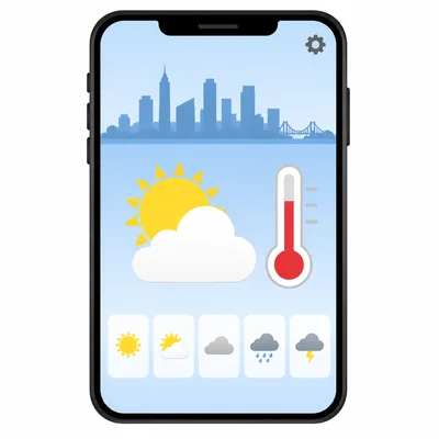 A weather app screen with large weather information and smaller forecast and settings icons.
