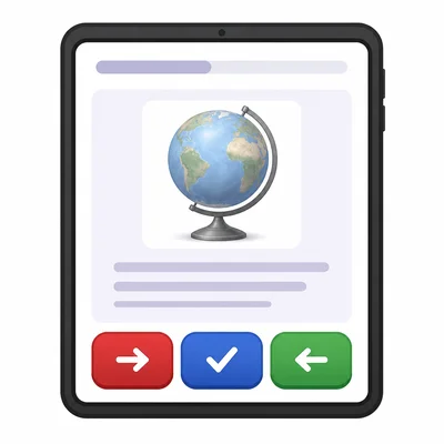 A quiz app screen showing red, blue, and green navigation buttons with different icons.