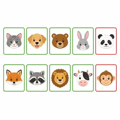 Ten animal cards, eight marked with green borders and two with red borders.
