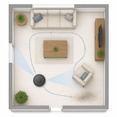 Robot vacuum using sensors to avoid furniture and clean a dirty area.