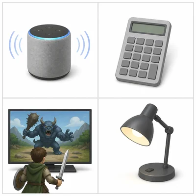Four objects: a voice assistant, calculator, video game character, and desk lamp.