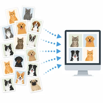 Cat and dog picture cards moving toward a computer for training.