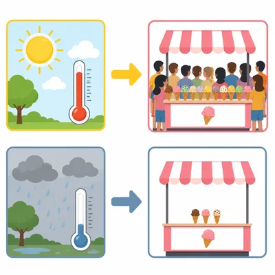 Sunny hot weather linked to high ice cream sales and rainy cool weather linked to low sales.