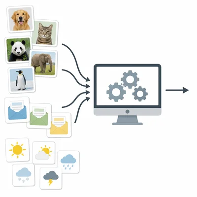 Example data cards flowing into a computer to train a model.