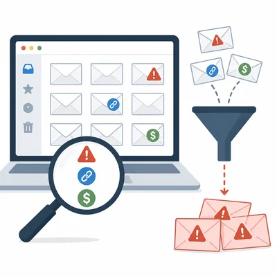 An email filter inspecting message clues and sorting suspicious emails.