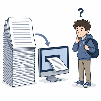 Advanced essay examples train a computer while a younger student asks for help.