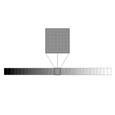 A row of grayscale swatches from black to white with one enlarged gray pixel above.