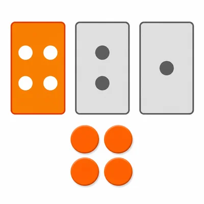 Three binary cards with only the four-dot card on and four counters beneath it.