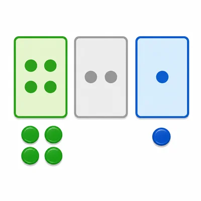 Three binary place cards with the four-dot and one-dot cards turned on.