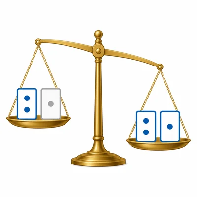 A balance scale comparing two binary card sets, with the set that has both cards on heavier.