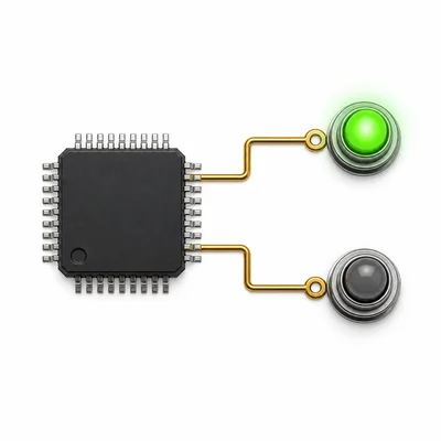A computer chip connected to one on switch and one off switch.