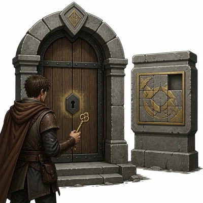 A game door stays closed while the player has a key but the puzzle is incomplete.