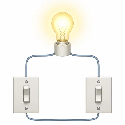 Two switches are on and connected to a glowing light bulb.
