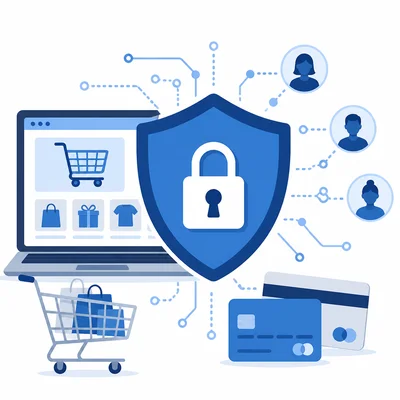 A shield and lock protect online store customer information.