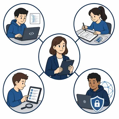 An app project team diagram with a project manager connected to four specialists.