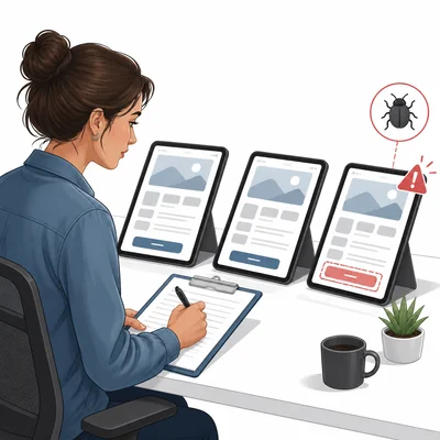 A tester finds a problem with an app button on one tablet.