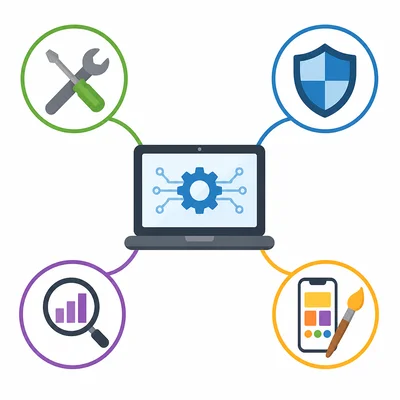 A technology web with four branches showing build, protect, analyze, and design icons.