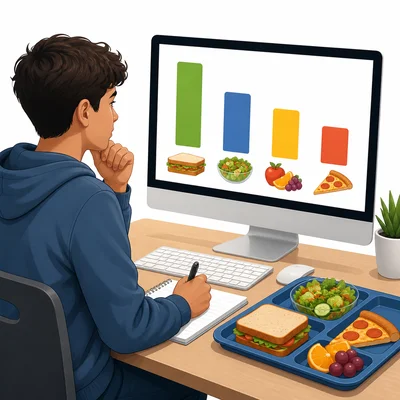 A data analyst studies a visual chart of student lunch choices.