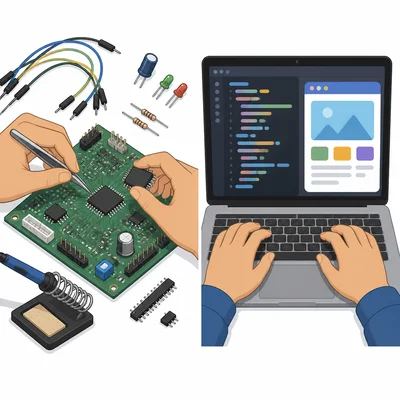 A comparison of computer hardware parts and software on a laptop screen.