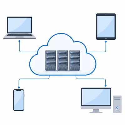 Devices connected to a central cloud with servers inside.