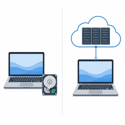 Comparison of a laptop using local storage and a laptop connected to cloud storage.