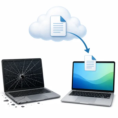 A cloud copy restores a document after a laptop breaks.
