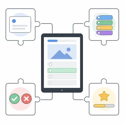 A quiz app shown on a tablet connected to four puzzle-piece task icons.