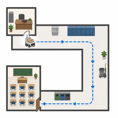 A delivery robot follows arrows from an office area to a classroom door.
