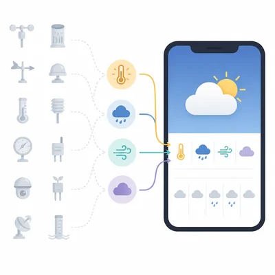 A weather app summarizes key information from many faded sensors.
