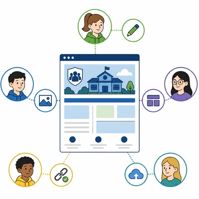 Five students each connected to a different website-building task icon.