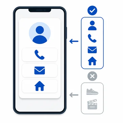 A contact card with essential icons and faded nonessential icons beside it.
