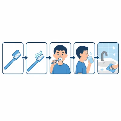 A brushing teeth flowchart with five icon steps connected by arrows.