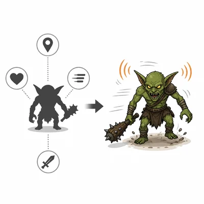 A simple game enemy model is shown evolving into a more detailed enemy design.