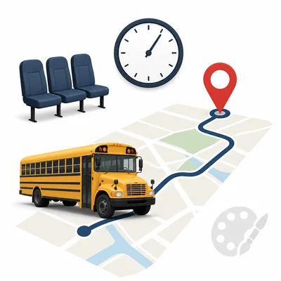 A school bus on a map with location, time, and seat icons, plus a faded color palette icon.