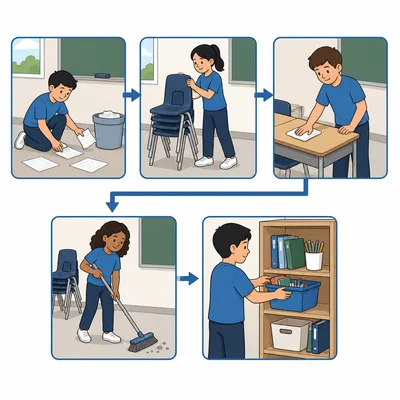 Five classroom cleaning steps shown as icons connected by arrows.