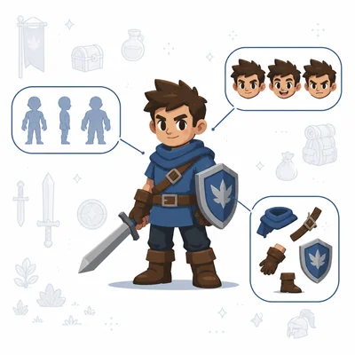 A video game character with callouts for important features and faded extra details.